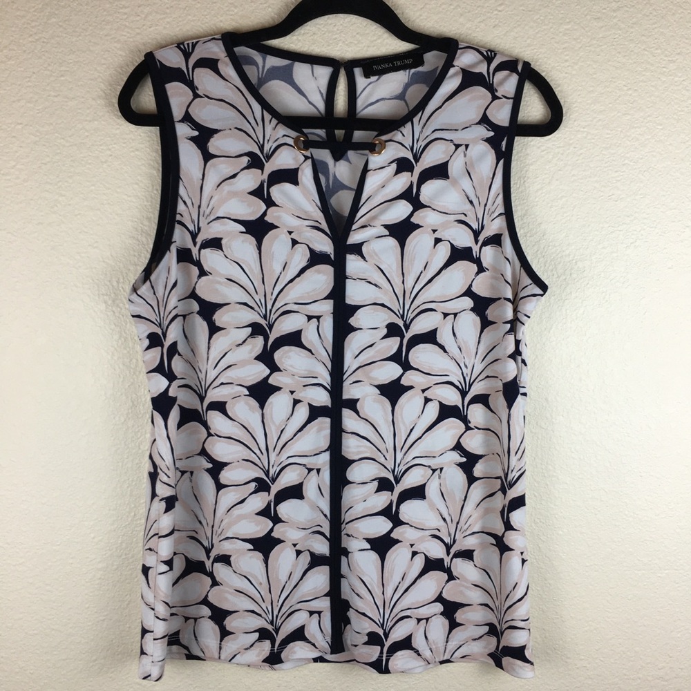 Ivanka Trump Black Trim Cream Floral Sleeveless Blouse Size L